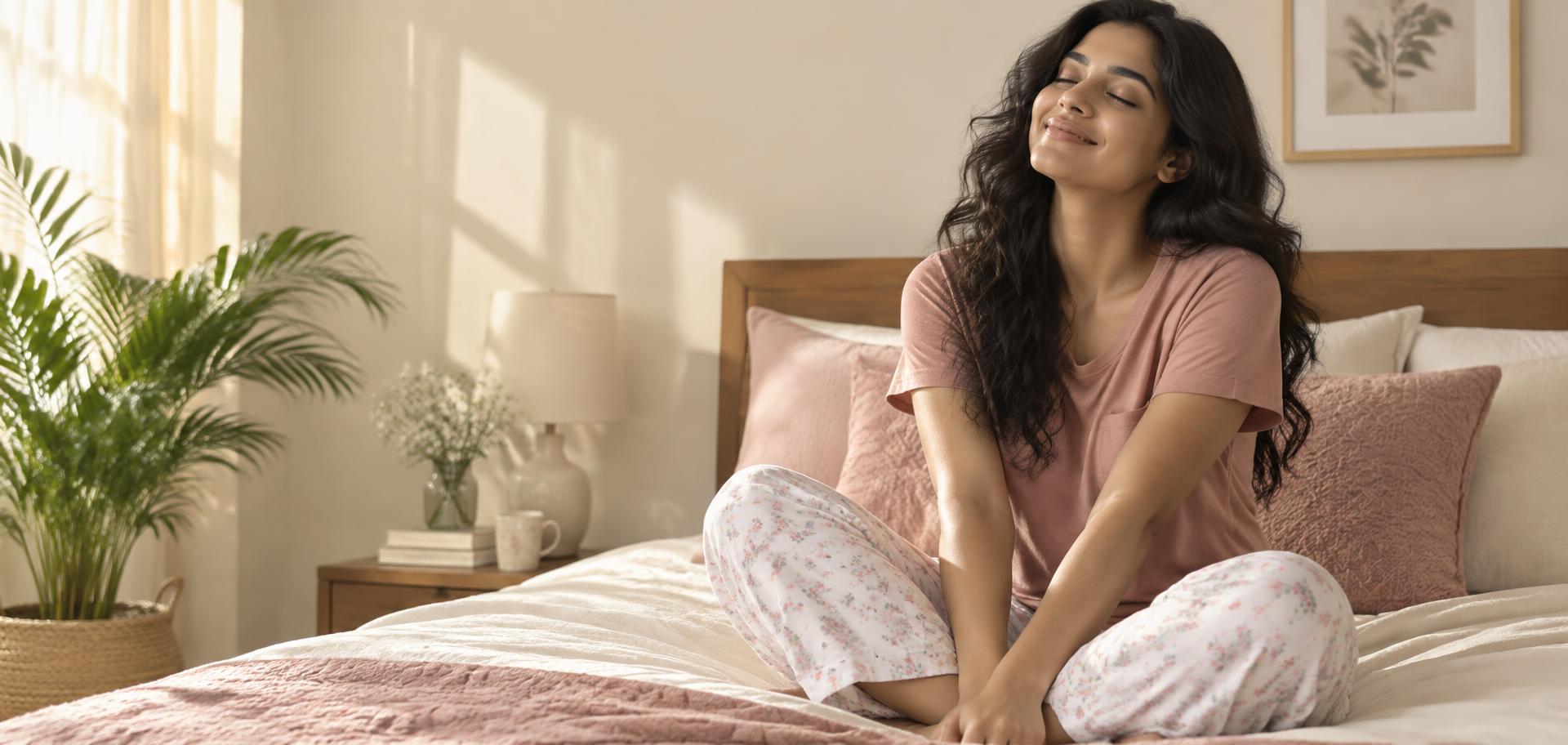 Woman relaxing in a Riash T-shirt and pajama set